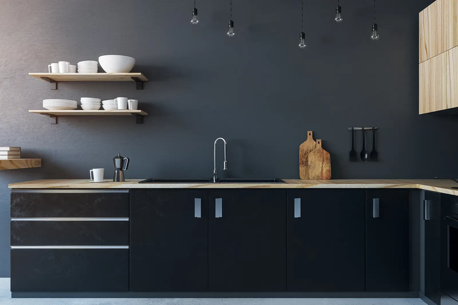 Wattyl dark cabinets with light benchtops or feature two-toned cupboards